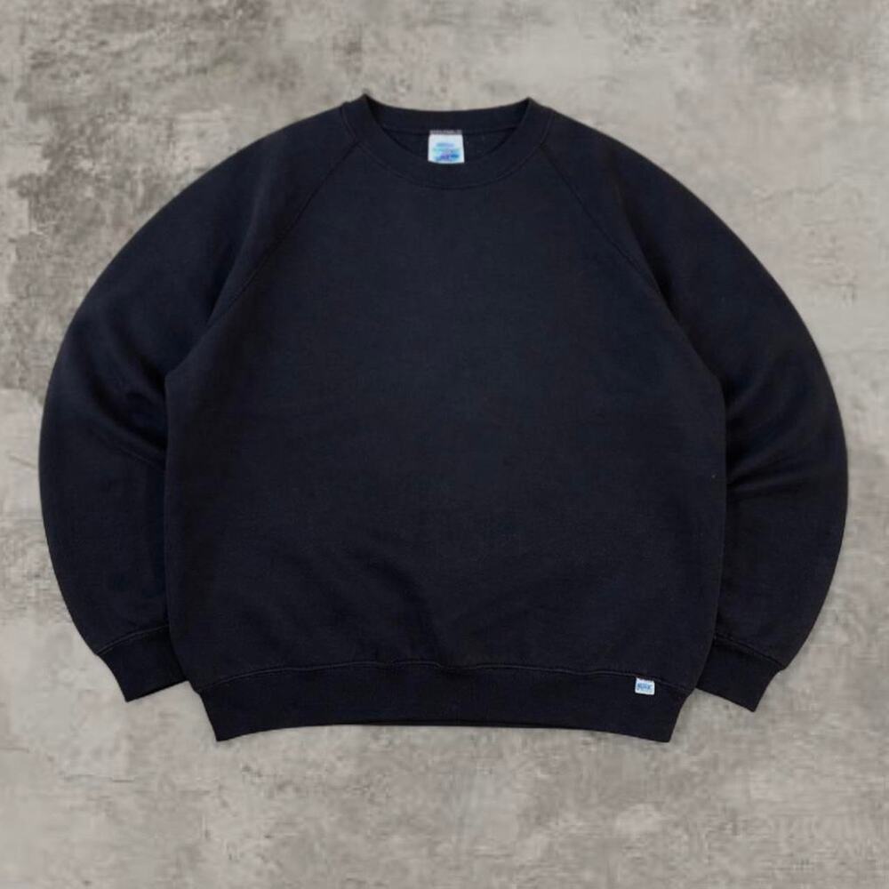 Vintage 1980s Black Crewneck XL Cotton Blank Sweatshirt Boxy Cropped Russell Tan